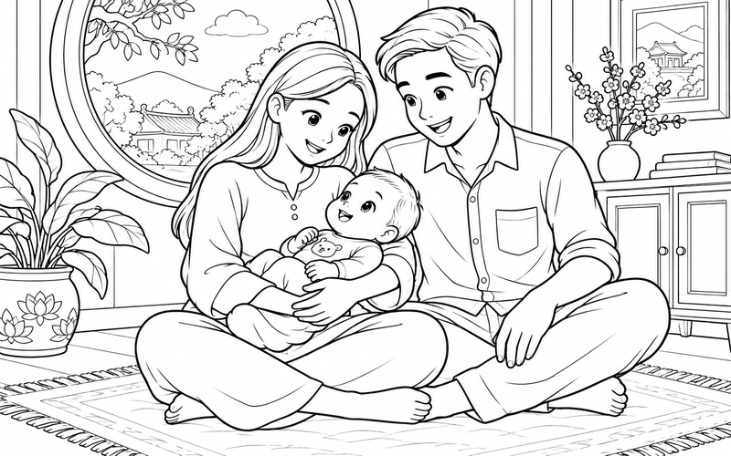 Tranh tô màu bố mẹ bế em bé cạnh cửa sổ tròn