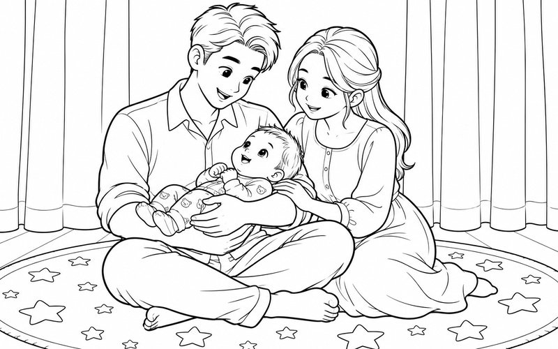 Tranh tô màu bố mẹ bế em bé cạnh thảm hình ngôi sao