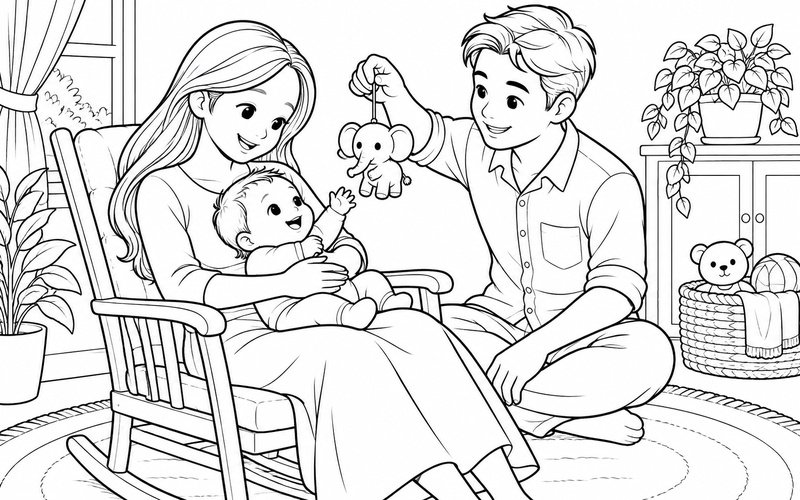 Tranh tô màu bố mẹ bế em bé nhìn đồ chơi treo từ xa