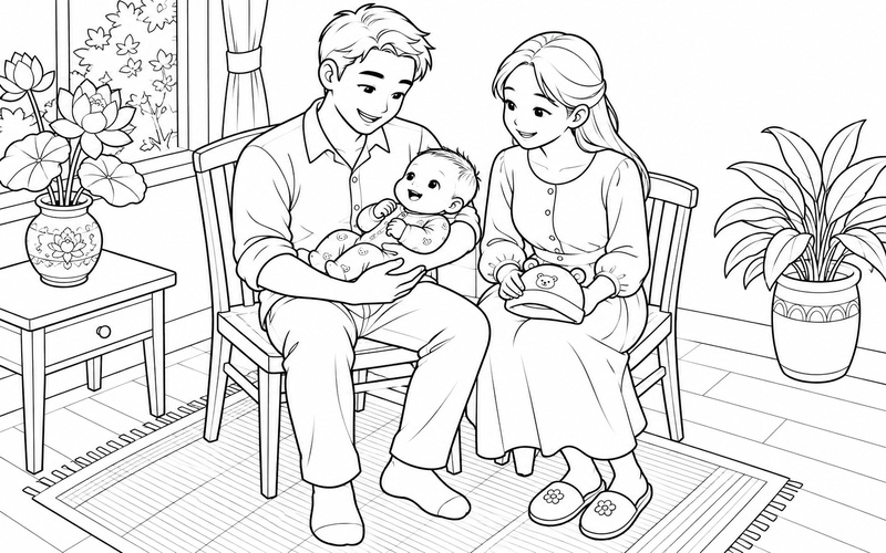 Tranh tô màu bố mẹ bế em bé bên chiếc ghế gỗ