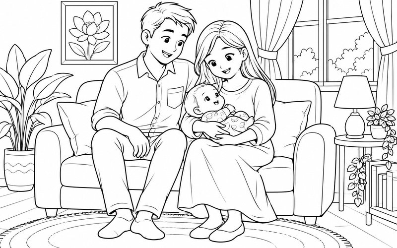 Tranh tô màu bố mẹ bế em bé gần góc tranh tường