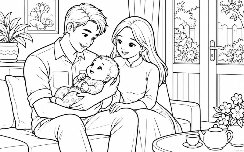 Tranh tô màu bố mẹ bế em bé trong phòng có cửa ra vườn