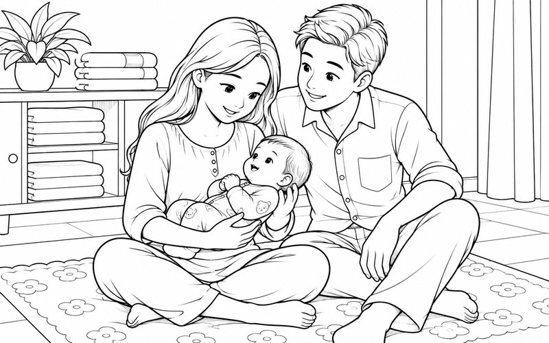 Tranh tô màu bố mẹ bế em bé bên chiếc tủ thấp