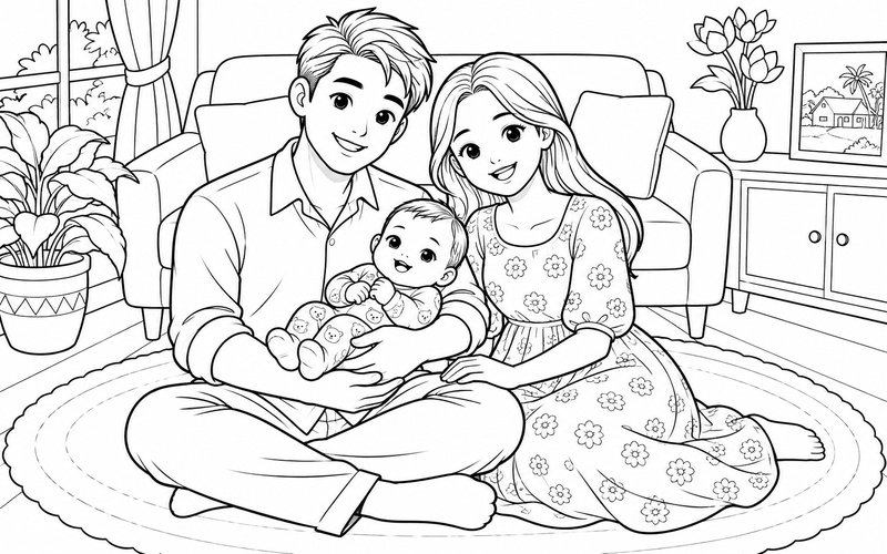 Tranh tô màu bố mẹ bế em bé chụp ảnh kỷ niệm