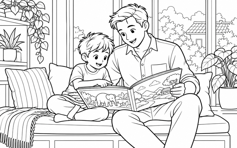 Tranh tô màu bố và con trai đọc sách bên cửa sổ