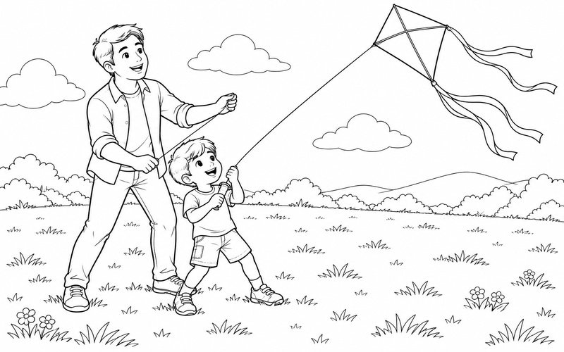Tranh tô màu bố và con trai thả diều ở bãi cỏ