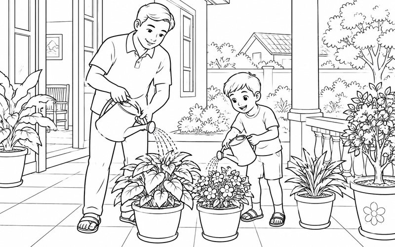 Tranh tô màu bố và con trai tưới cây trên sân hiên