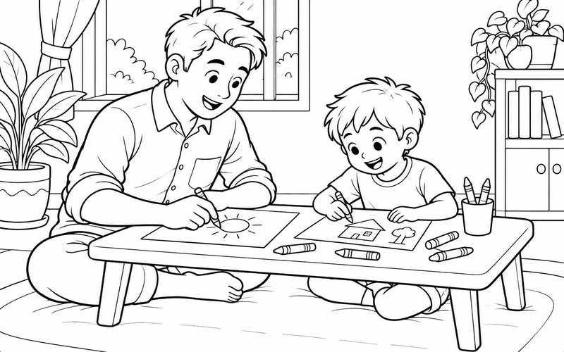 Tranh tô màu bố và con trai vẽ tranh tại bàn nhỏ