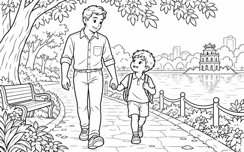 Tranh tô màu bố và con trai dạo bước dưới hàng cây