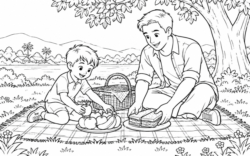Tranh tô màu bố và con trai chuẩn bị bữa ăn ngoài trời