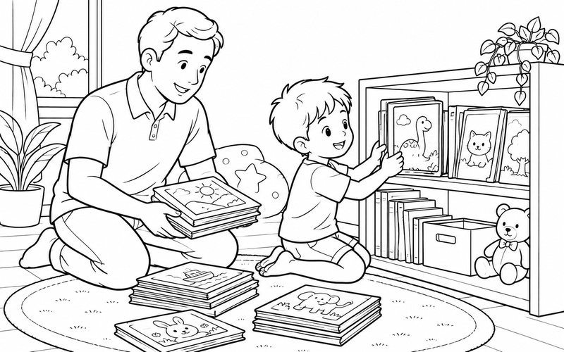 Tranh tô màu bố và con trai xếp sách vào kệ
