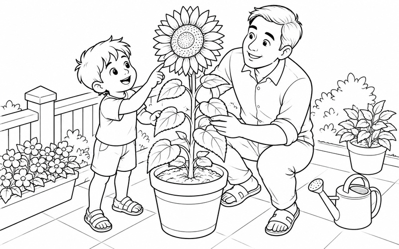 Tranh tô màu bố và con trai chăm sóc chậu hoa hướng dương