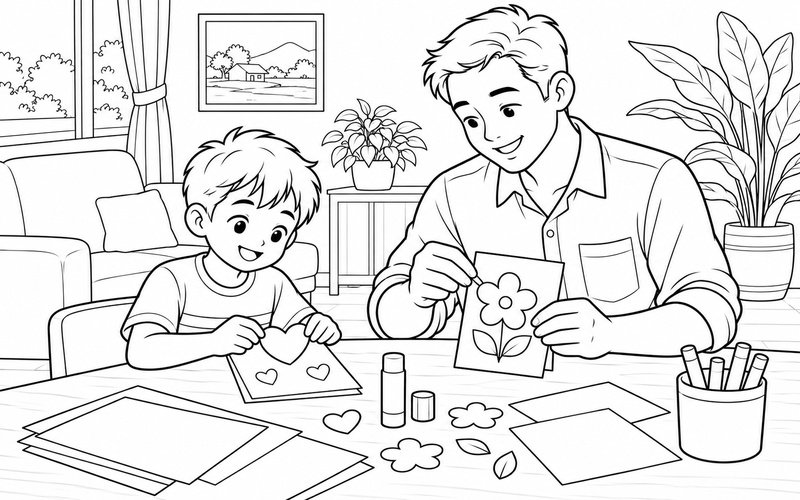 Tranh tô màu bố và con trai làm thiệp từ giấy màu