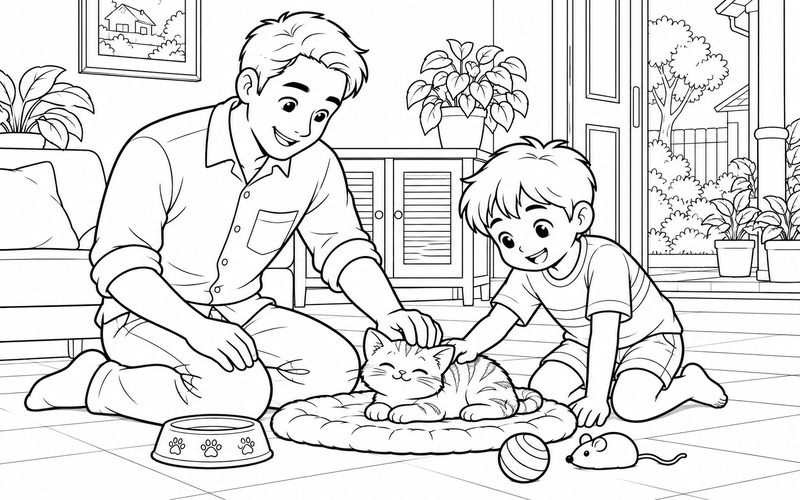 Tranh tô màu bố và con trai chăm sóc mèo con