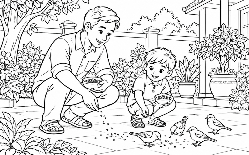 Tranh tô màu bố và con trai cho chim ăn trong sân