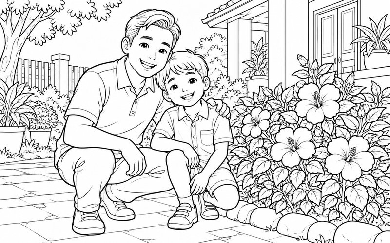 Tranh tô màu bố và con trai chụp ảnh kỷ niệm bên vườn hoa