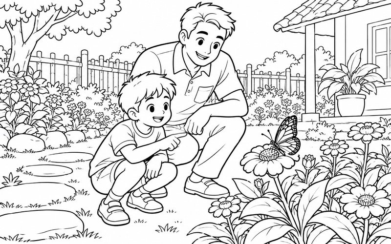 Tranh tô màu bố và con trai ngắm bươm bướm trên hoa