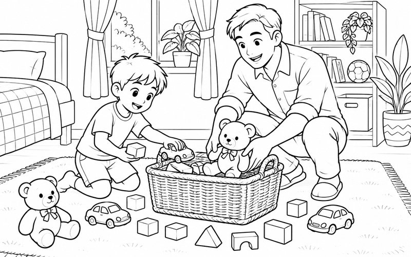 Tranh tô màu bố và con trai xếp đồ chơi vào giỏ