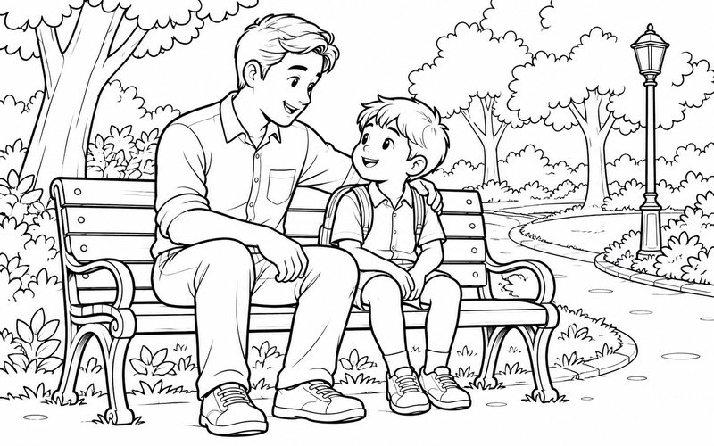 Tranh tô màu bố và con trai ngồi chơi trên ghế công viên