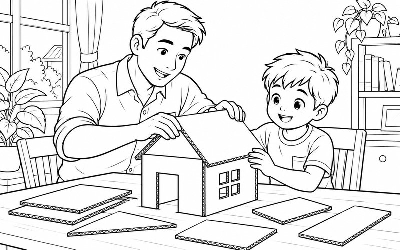 Tranh tô màu bố và con trai cùng làm mô hình ngôi nhà