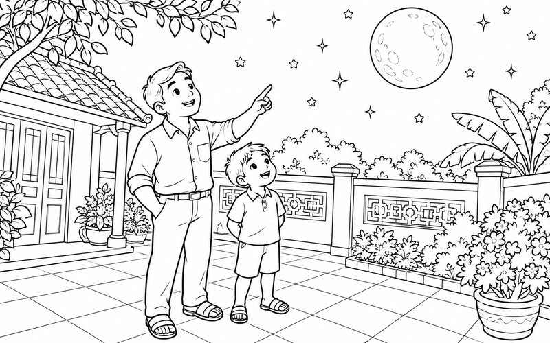 Tranh tô màu bố và con trai ngắm trăng từ sân nhà