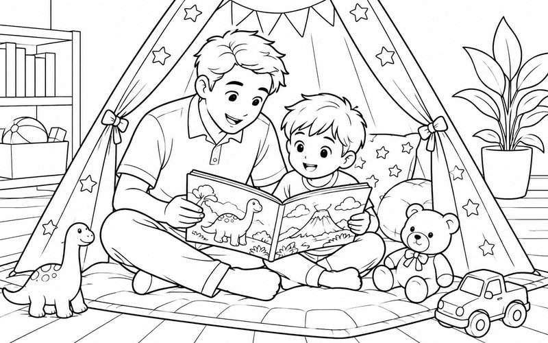 Tranh tô màu bố và con trai đọc truyện trong lều chơi