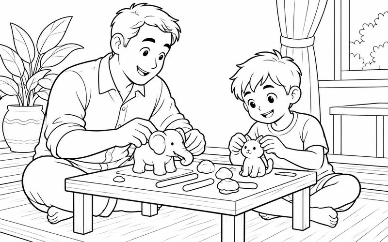 Tranh tô màu bố và con trai tạo hình bằng đất nặn