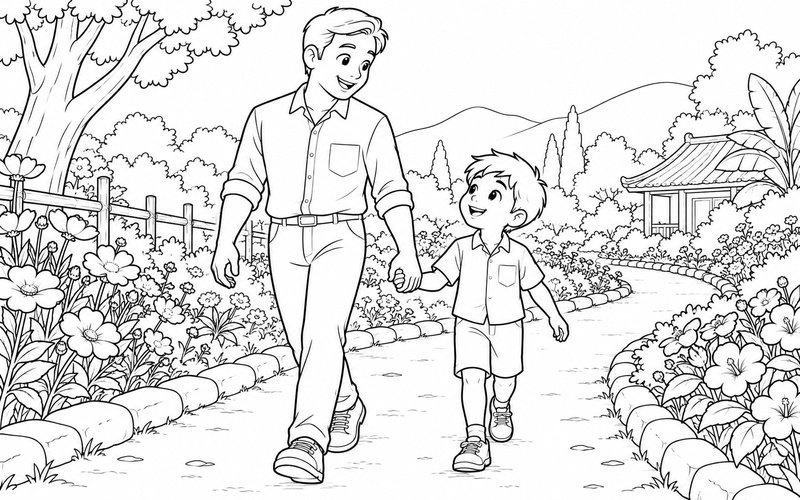 Tranh tô màu bố và con trai dạo chơi giữa vườn hoa