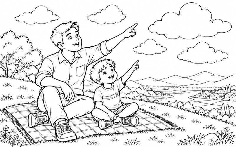 Tranh tô màu bố và con trai ngắm mây trên bãi cỏ