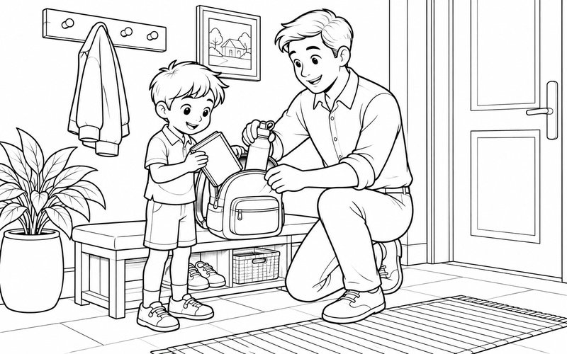 Tranh tô màu bố và con trai chuẩn bị chiếc ba lô nhỏ