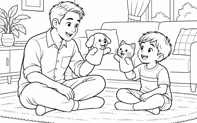 Tranh tô màu bố và con trai chơi rối tay trong phòng khách
