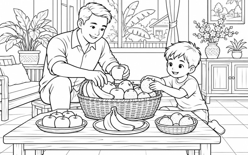Tranh tô màu bố và con trai sắp xếp giỏ trái cây