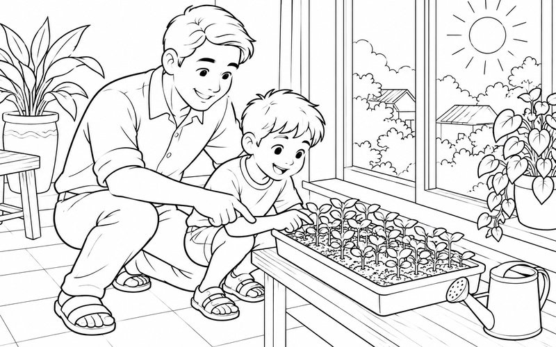 Tranh tô màu bố và con trai chăm sóc cây mới nảy mầm