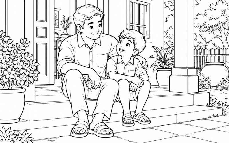 Tranh tô màu bố và con trai ngồi bên hiên nhà buổi sáng