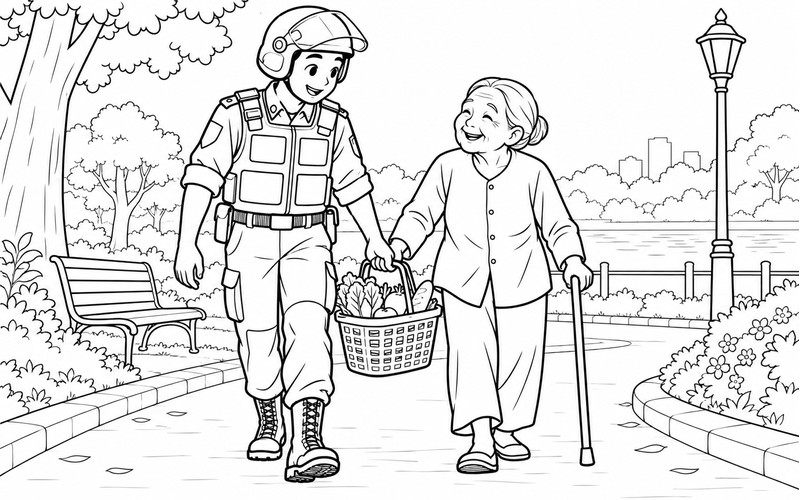 Tranh tô màu cảnh sát cơ động giúp bà mang giỏ đi chợ