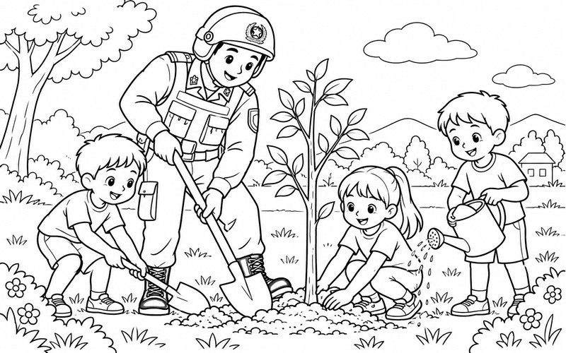 Tranh tô màu cảnh sát cơ động trồng cây non