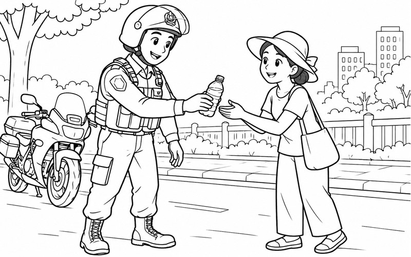 Tranh tô màu cảnh sát cơ động đưa nước cho người đi đường
