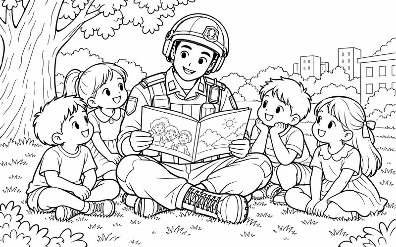 Tranh tô màu cảnh sát cơ động đọc sách cho thiếu nhi