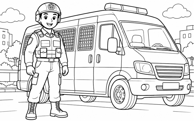 Tranh tô màu cảnh sát cơ động đứng cạnh xe cảnh sát