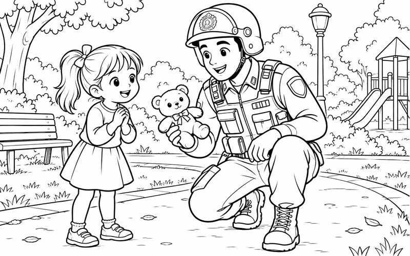 Tranh tô màu cảnh sát cơ động giúp bé tìm đồ chơi