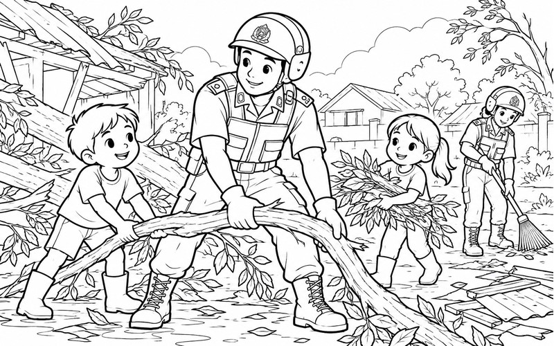 Tranh tô màu cảnh sát cơ động dọn dẹp sau cơn bão