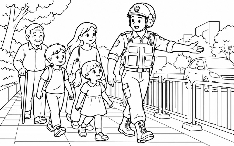 Tranh tô màu cảnh sát cơ động hướng dẫn mọi người trên lối đi an toàn