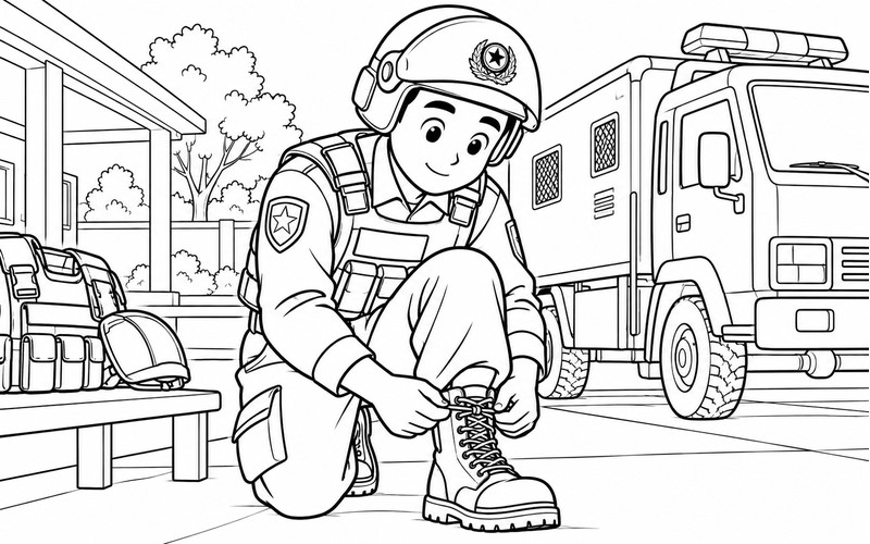 Tranh tô màu cảnh sát cơ động buộc dây giày trước giờ làm