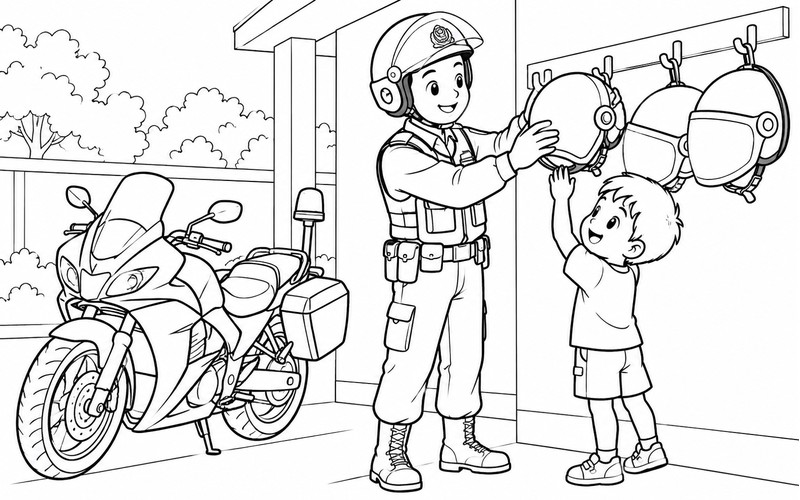 Tranh tô màu cảnh sát cơ động chuẩn bị mũ bảo hộ