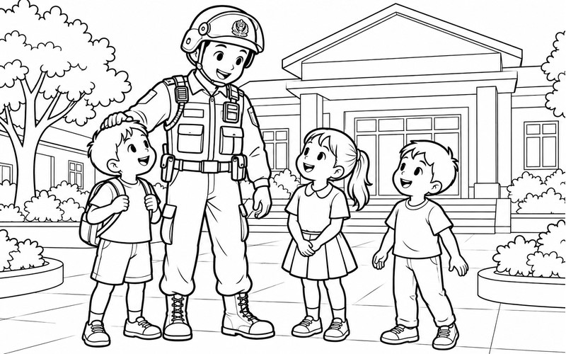 Tranh tô màu cảnh sát cơ động bên nhà sinh hoạt cộng đồng