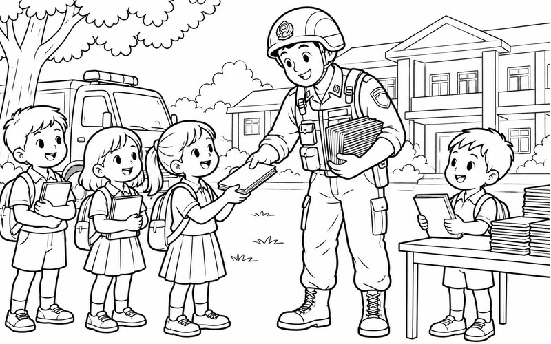 Tranh tô màu cảnh sát cơ động tặng vở cho học sinh