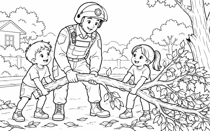Tranh tô màu cảnh sát cơ động giúp dọn cành cây rơi