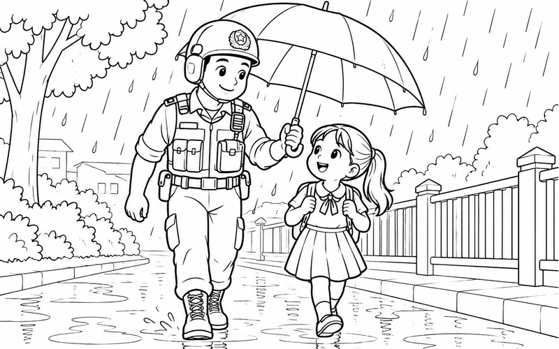 Tranh tô màu cảnh sát cơ động che ô cùng người dân