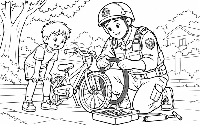 Tranh tô màu cảnh sát cơ động giúp bé sửa lốp xe đạp