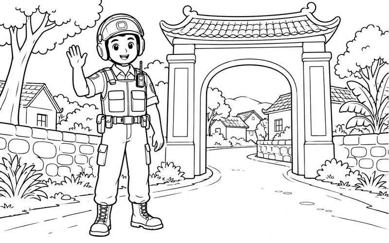Tranh tô màu cảnh sát cơ động vẫy chào ở cổng làng